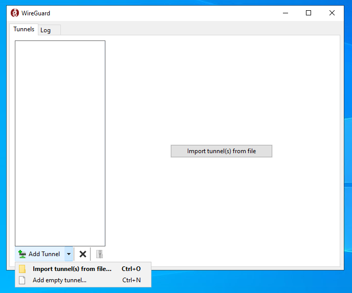 WireGuard GUI on Windows showing the empty interface with the dropdown menu to add a tunnel